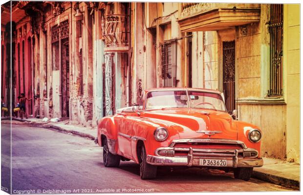 Havana, Cuba. Vintage red classic Chevrolet car Canvas Print by Delphimages Art
