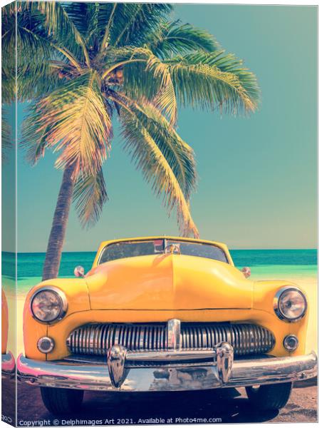 Classic car on a tropical beach with palm tree Canvas Print by Delphimages Art