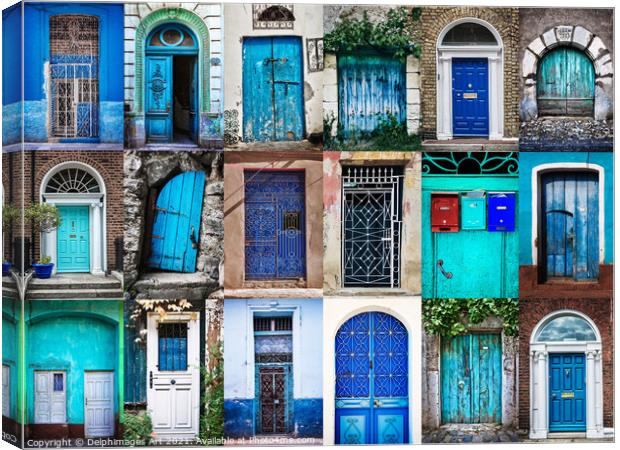 Collection of blue doors around the world Canvas Print by Delphimages Art