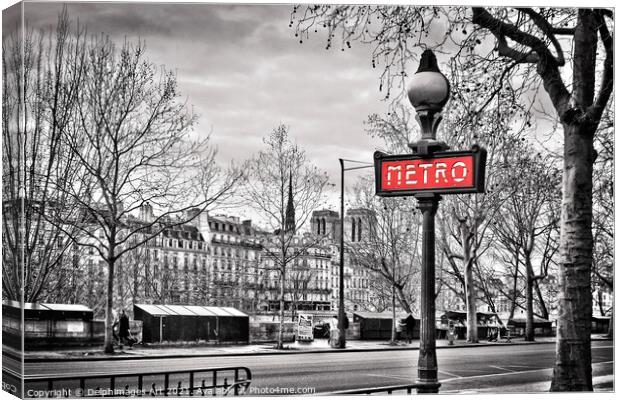 Paris Metro sign, Ile de la Cite and Notre-Dame Canvas Print by Delphimages Art