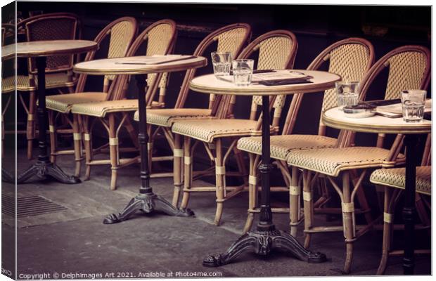 Paris tables and chairs, french cafe terrace Canvas Print by Delphimages Art