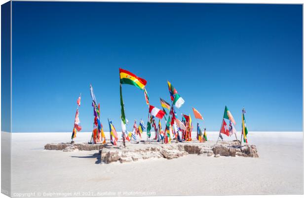 World flags in Salar de Uyuni, Bolivia Canvas Print by Delphimages Art