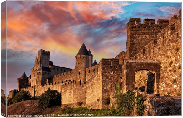 Medieval fortress of Carcassonne at sunset, France Canvas Print by Delphimages Art
