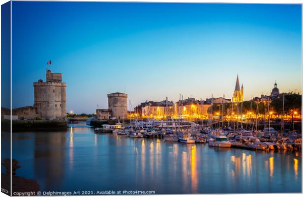 Old port of La rochelle at night, France Canvas Print by Delphimages Art
