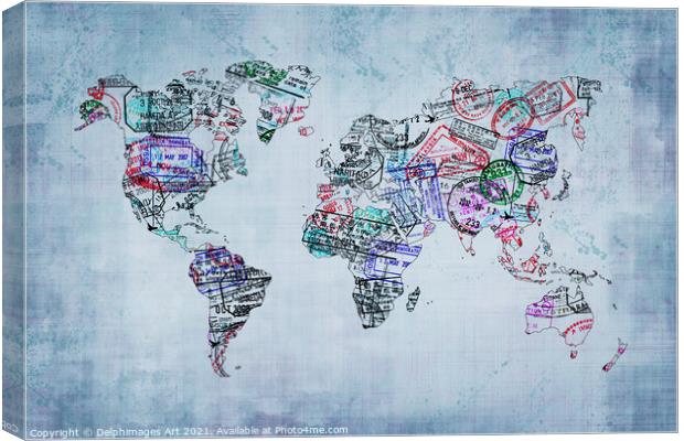 World map with passport stamps, travel abstract Canvas Print by Delphimages Art