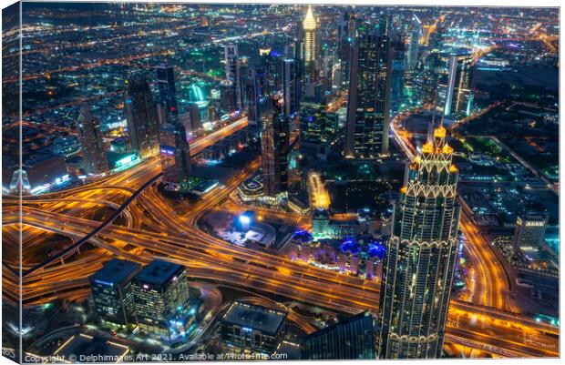 Dubai aerial view at night from Burj Khalifa tower Canvas Print by Delphimages Art