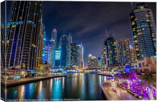 Dubai marina walk at night,  United Arab Emirates Canvas Print by Delphimages Art