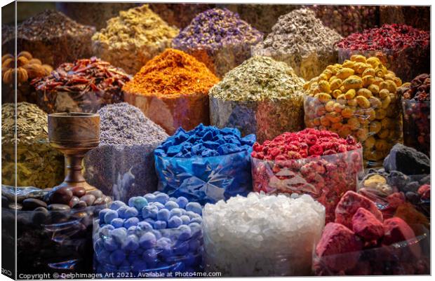 Colourful piles of spices in Dubai old souk, UAE Canvas Print by Delphimages Art