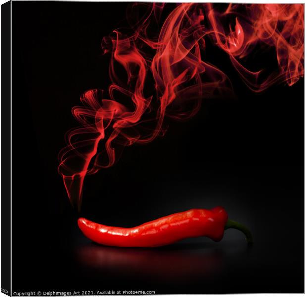 Hot smoking red chili pepper on black background Canvas Print by Delphimages Art