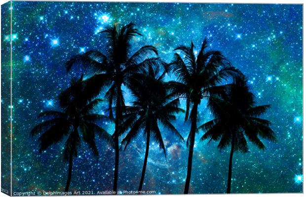 Palm trees silhouettes, tropical starry night sky Canvas Print by Delphimages Art