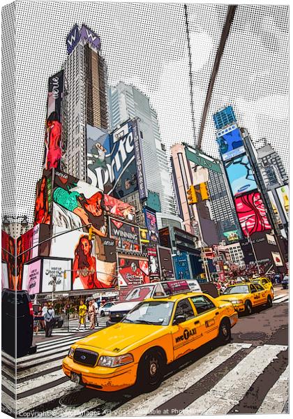 New York. Yellow cabs in Times Square, Pop art Canvas Print by Delphimages Art