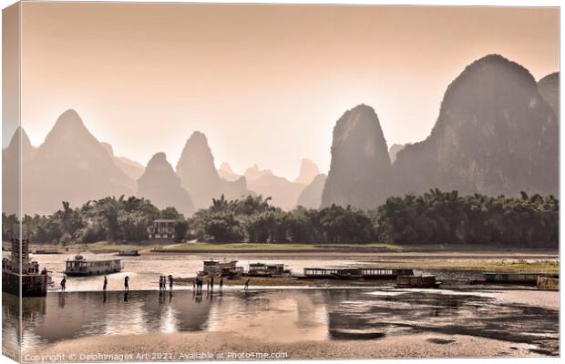 China. Landscape of Li river at sunset near Guilin Canvas Print by Delphimages Art