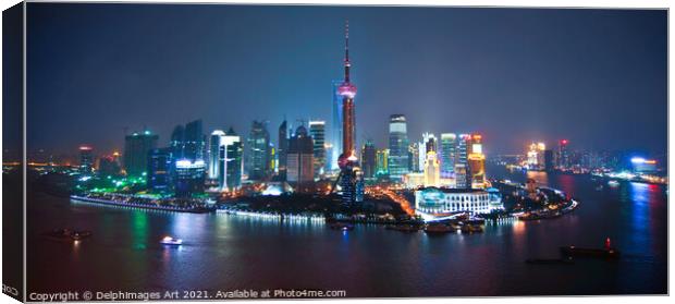 Shanghai, China. Skyline panoramic view at night Canvas Print by Delphimages Art