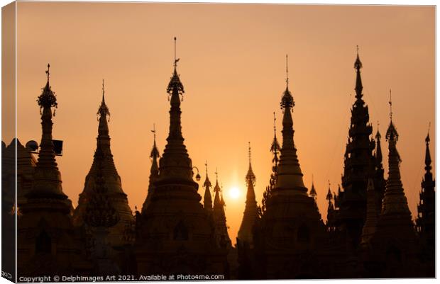 Myanmar. Shwedagon pagoda at sunset, Yangon Canvas Print by Delphimages Art