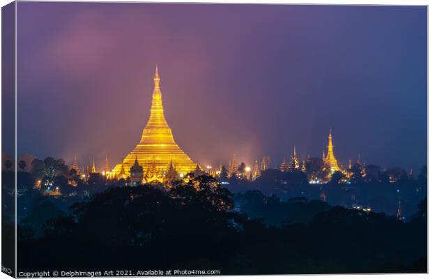 Myanmar. Shwedagon pagoda at night, Yangon Canvas Print by Delphimages Art
