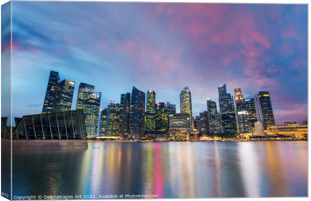 Singapore skyline view from Marina Bay at night Canvas Print by Delphimages Art