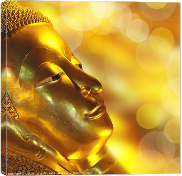 Golden Reclining Buddha head, Bangkok, Thailand Canvas Print by Delphimages Art