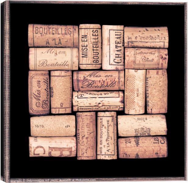 Collection of wine corks in a black frame Canvas Print by Delphimages Art