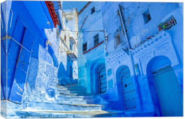 Street in the Blue City, Chefchaouen, Morocco Canvas Print by Delphimages Art