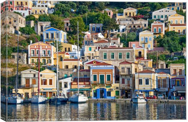 Symi harbour landscape, Dodecanese island, Greece Canvas Print by Delphimages Art