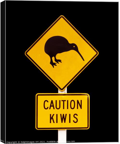 Caution kiwis, New Zealand road sign Canvas Print by Delphimages Art