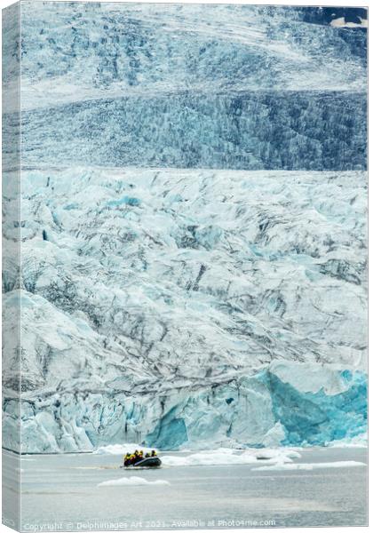 Iceland. Zodiac boat in glacier lagoon Canvas Print by Delphimages Art