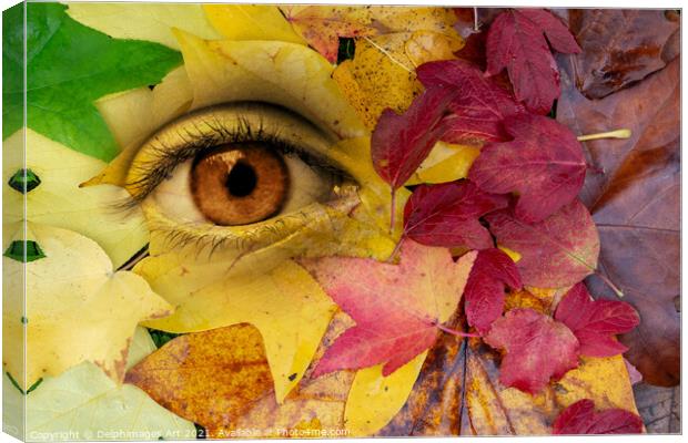 Eye and leaves Autumn surreal  collage Canvas Print by Delphimages Art