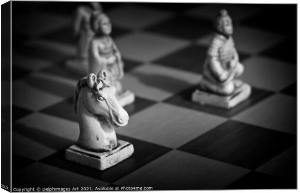 Chess. White knight on a chinese chess game  Canvas Print by Delphimages Art