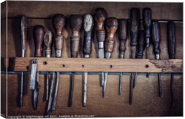 Old rustic tools, vintage workshop Canvas Print by Delphimages Art