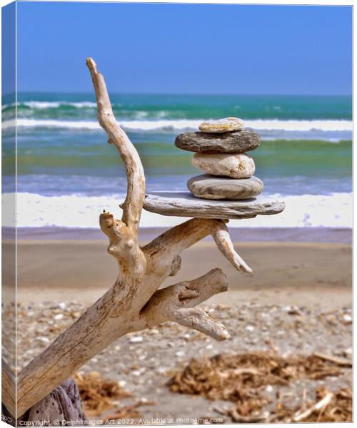 New Zealand, driftwood and balanced stones Canvas Print by Delphimages Art