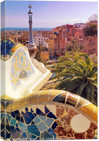 Barcelona, Park Guell mosaics Canvas Print by Delphimages Art