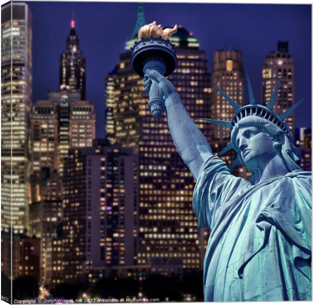 Statue of Liberty at night, New York Canvas Print by Delphimages Art