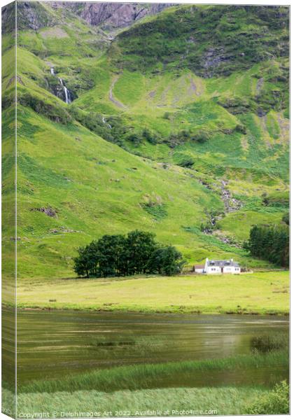 Lone house in Glen Coe valley, Highlands of Scotla Canvas Print by Delphimages Art