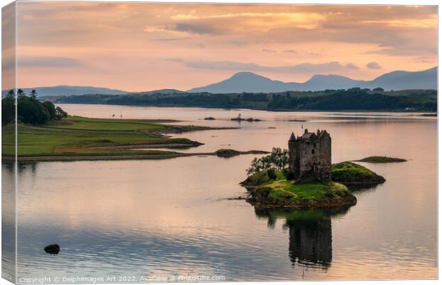 Castle Stalker with water reflections at sunset, A Canvas Print by Delphimages Art