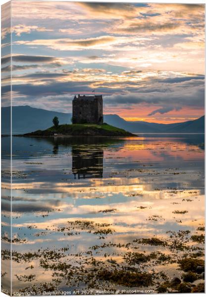 Castle Stalker on Loch Laich at sunset Canvas Print by Delphimages Art