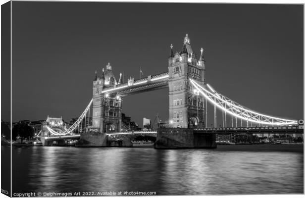London Tower bridge at night, black and white Canvas Print by Delphimages Art