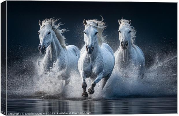 Camargue white horses running Canvas Print by Delphimages Art