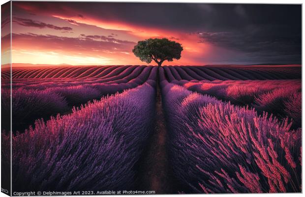 Lavender field at sunset Canvas Print by Delphimages Art