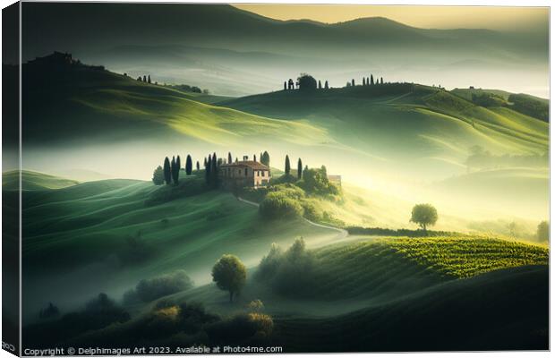 Tuscany misty landscape in spring Canvas Print by Delphimages Art