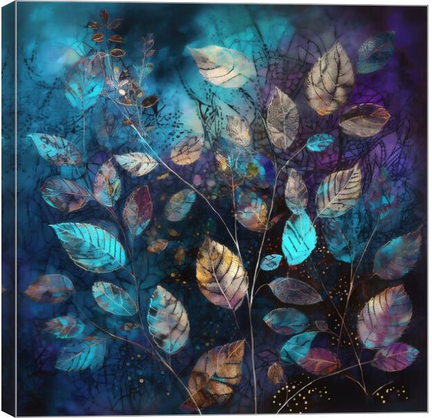 Leaves abstract, purple and blue 1 Canvas Print by Delphimages Art