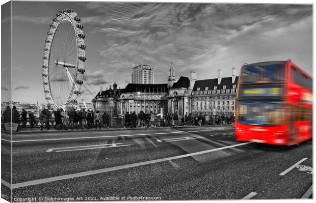 Red bus on Westminster bridge, London, UK Canvas Print by Delphimages Art