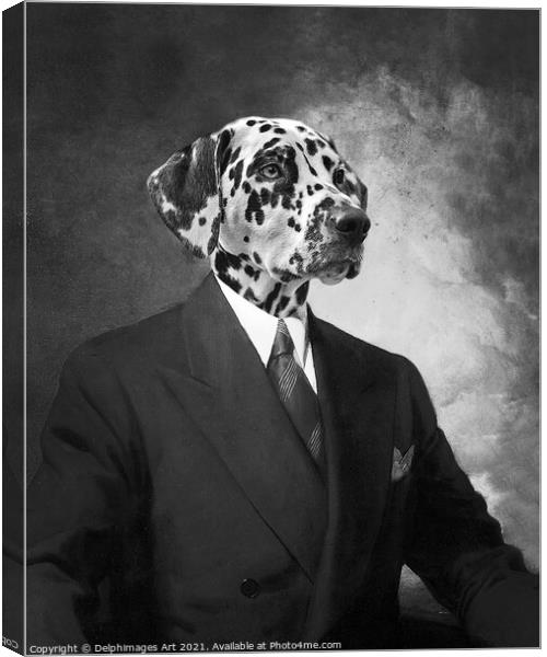 Portrait of a dalmatian dog in a black suit Canvas Print by Delphimages Art