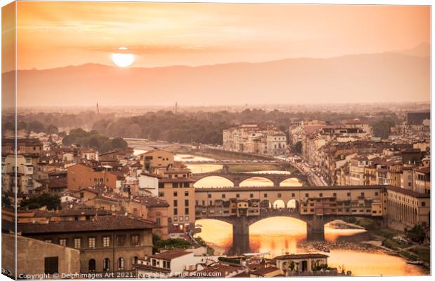 Florence at sunset with the Ponte Vecchio, Italy Canvas Print by Delphimages Art