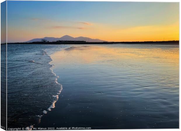 Tyrella Beach Sunset with Mourne Mountains Canvas Print by Chris Mc Manus