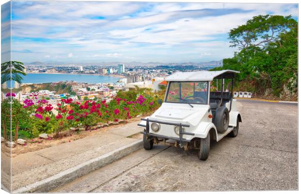 Pulmonia taxi with panoramic view of the Mazatlan Old City Canvas Print by Elijah Lovkoff