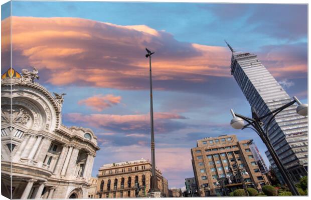 Landmark tower Torre Latinoamericana and Palace of Fine Arts near the Alameda Central Park Canvas Print by Elijah Lovkoff