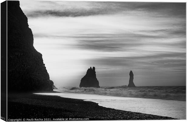 Reynisfjara black sand beach and Reynisdrangar rock formation - Iceland Canvas Print by Paulo Rocha