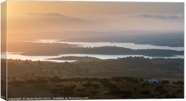 Portugal, Monsaraz. View from the fortress walls to Guadiana river at sunrise. Canvas Print by Paulo Rocha