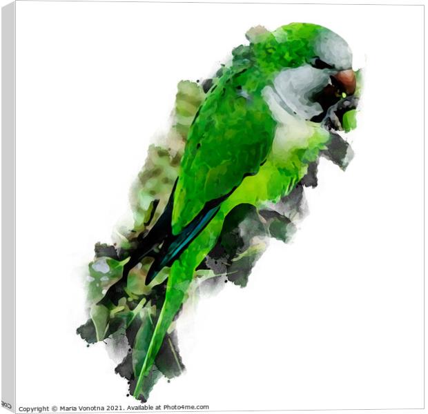 Watercolor green parrot Canvas Print by Maria Vonotna