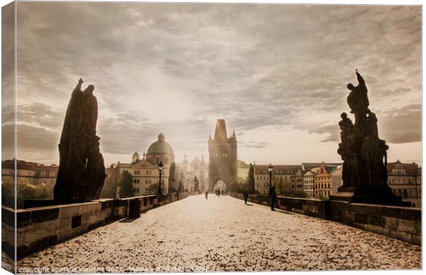 Painting of Charles bridge on sunrise Canvas Print by Maria Vonotna